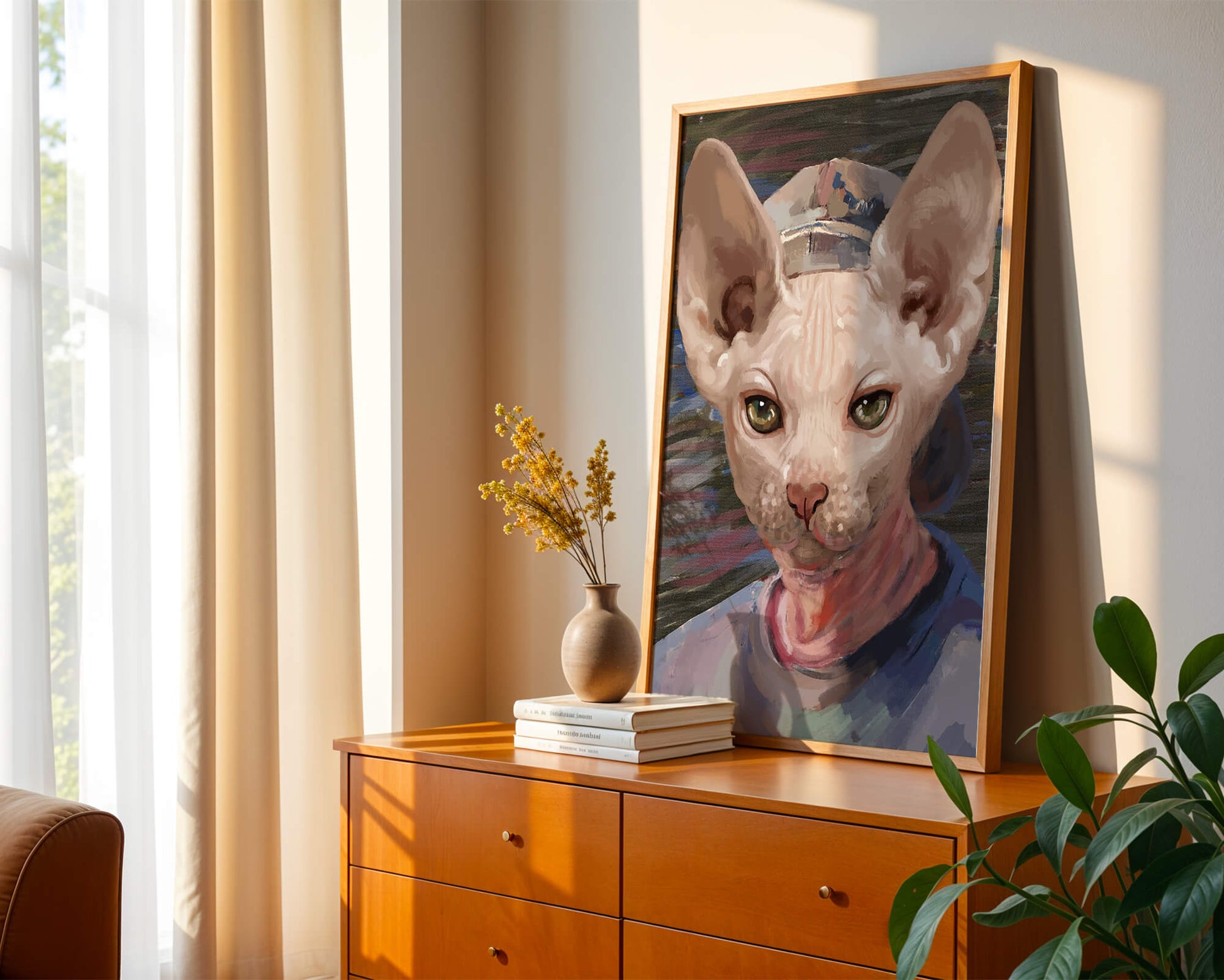 Painted portrait of a sphynx cat wearing a casual cap