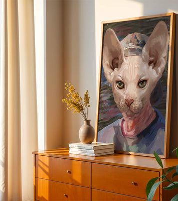 Painted portrait of a sphynx cat wearing a casual cap
