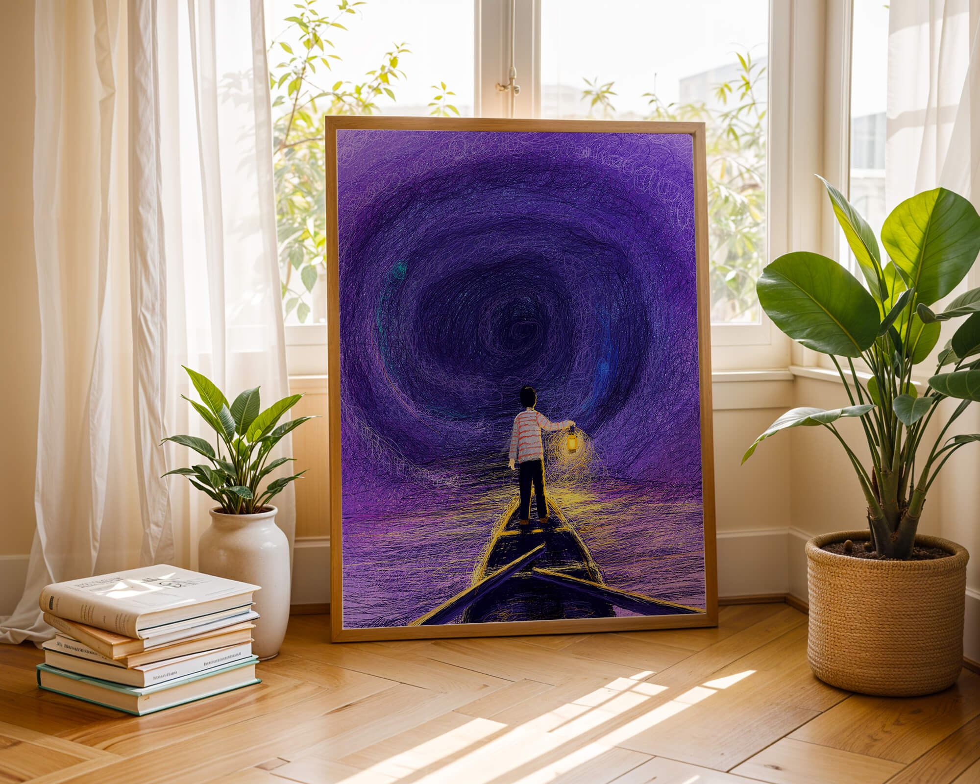 A boy holding a lantern on a boat in a swirling purple vortex