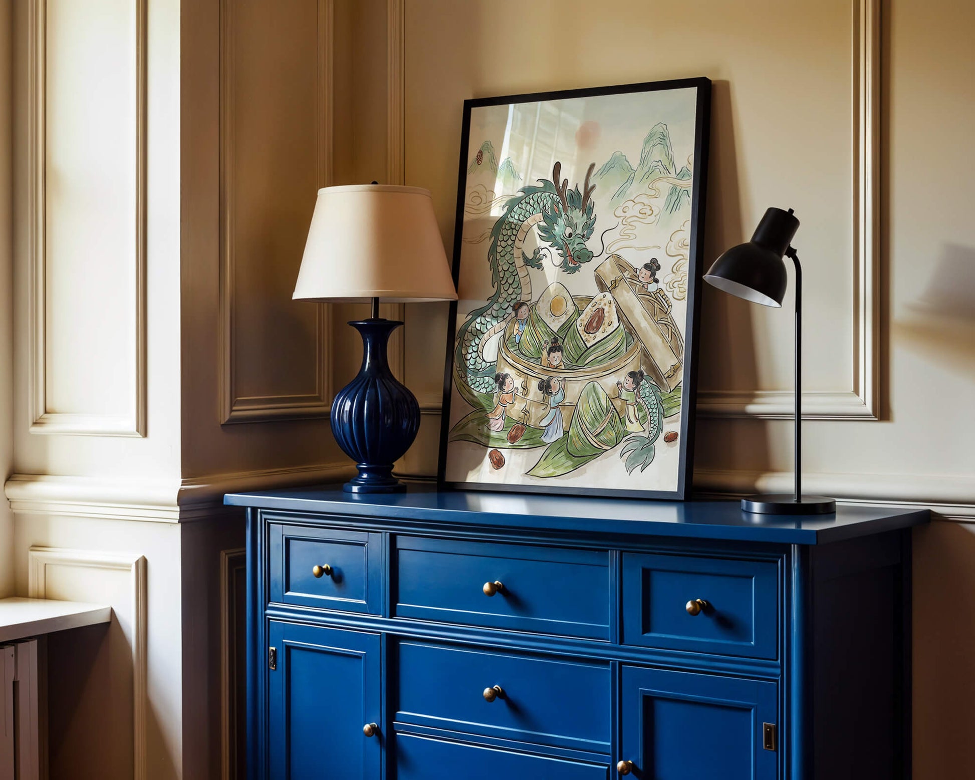 Dragón y dumplings al vapor con niños en un paisaje montañoso