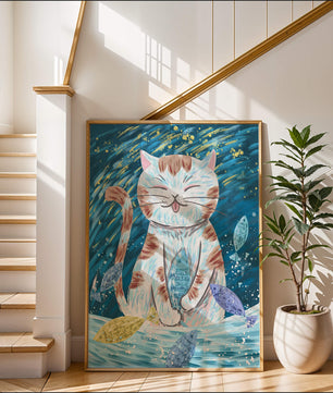Gato caprichoso con peces coloridos y pinceladas juguetonas