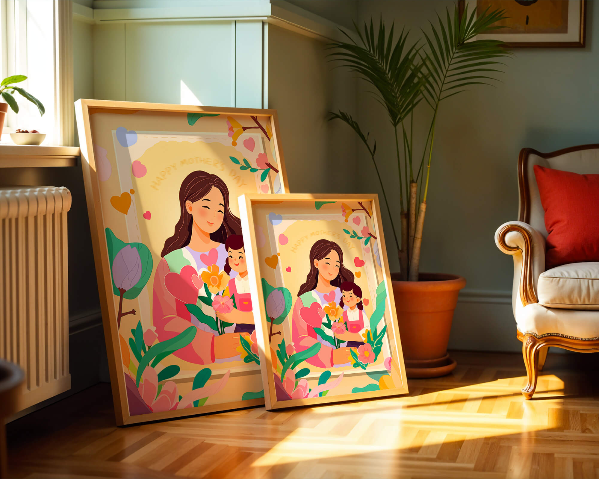 Illustration of mother and daughter with flowers for Mother's Day