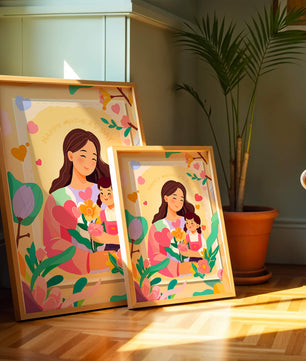 Ilustración de madre e hija con flores para el Día de la Madre
