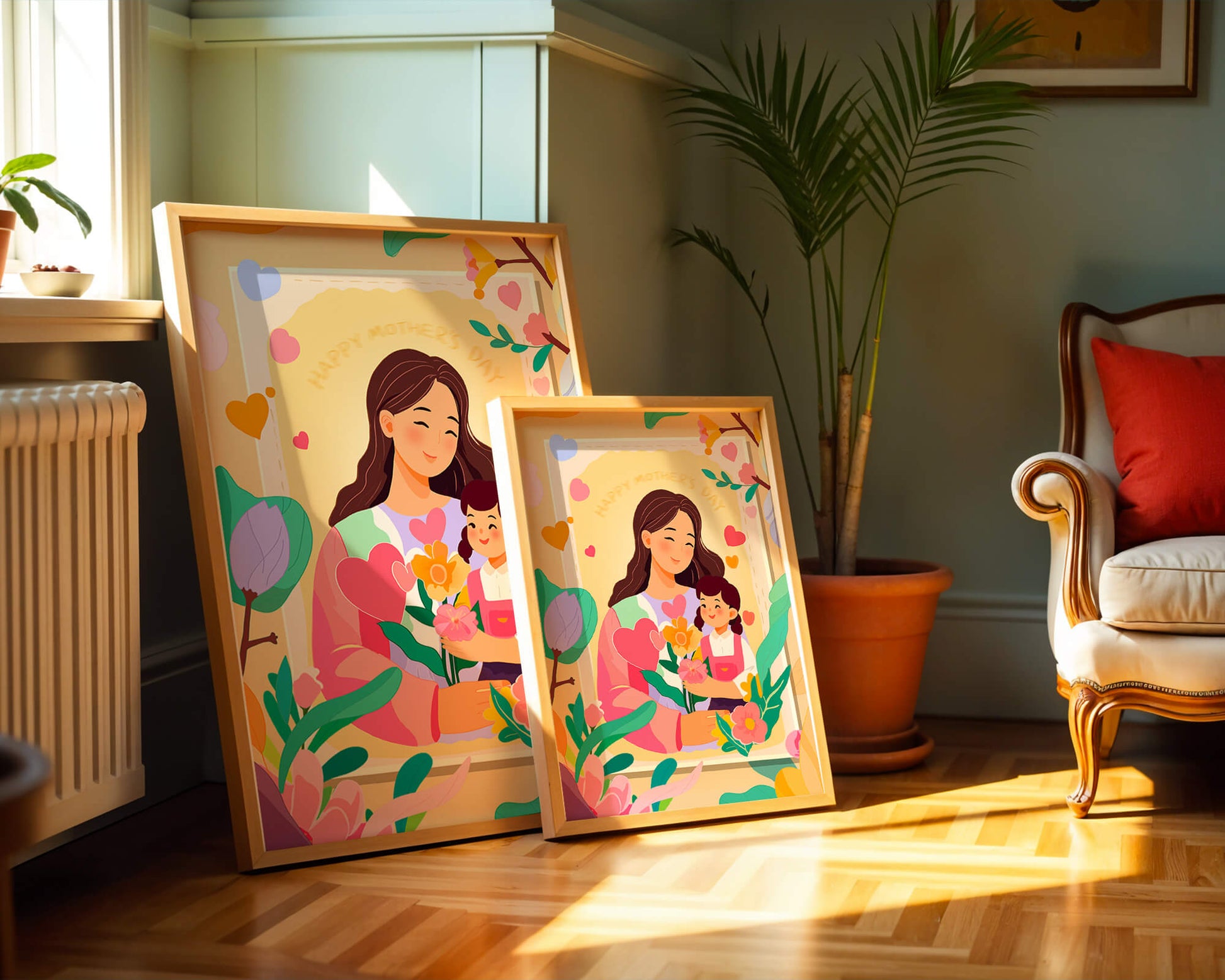 Illustration of mother and daughter with flowers for Mother's Day