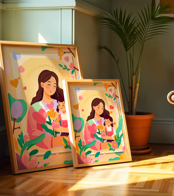 Illustration of mother and daughter with flowers for Mother's Day