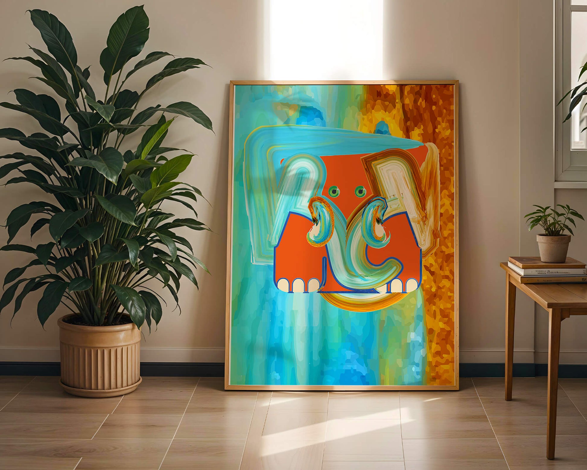 Pintura abstracta colorida de un elefante con tonos vibrantes y pinceladas artísticas.