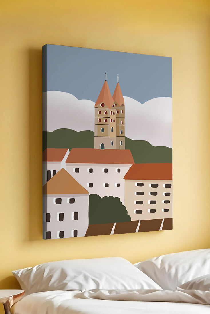Charming European Cityscape with Church Towers and Colorful Buildings