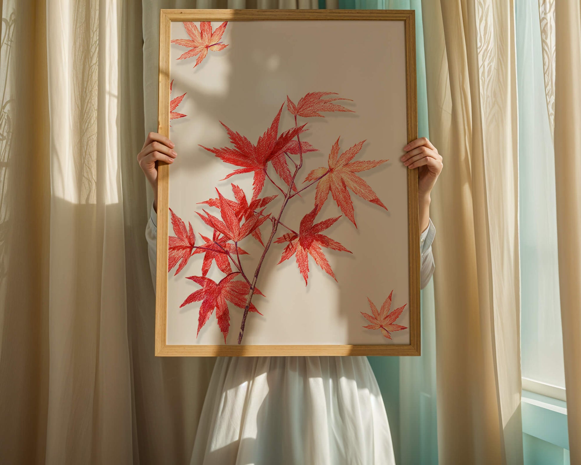 Delicate red maple leaves on white background