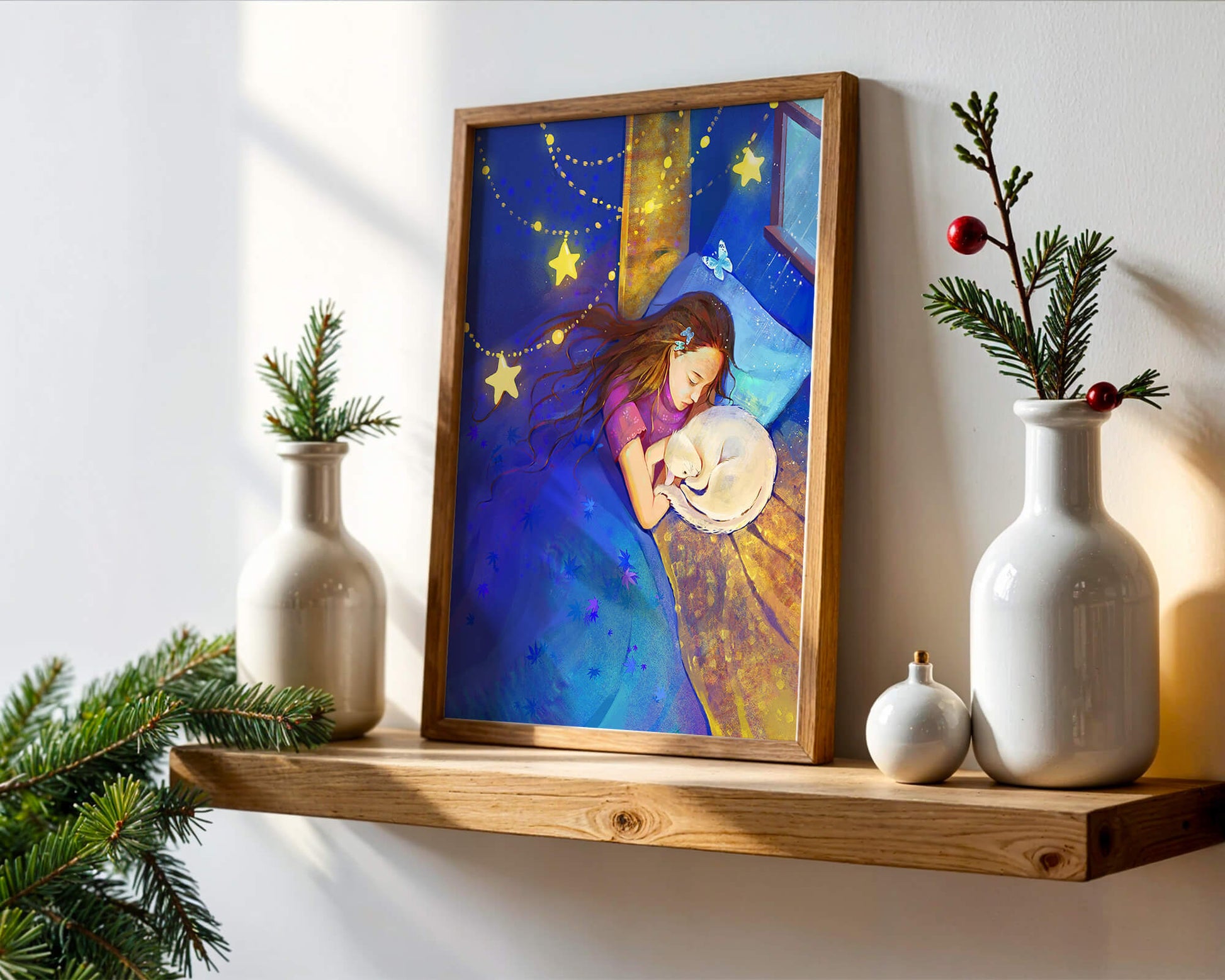 Girl sleeping with cat under starry night sky