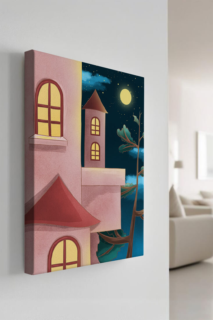 Castle with Arched Windows under Moonlit Sky