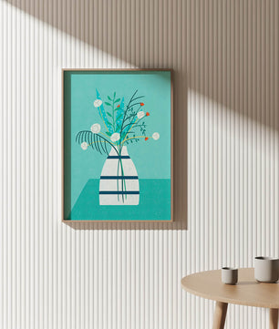 Floral Arrangement In Minimalist Vase On Teal Background - Mi tienda