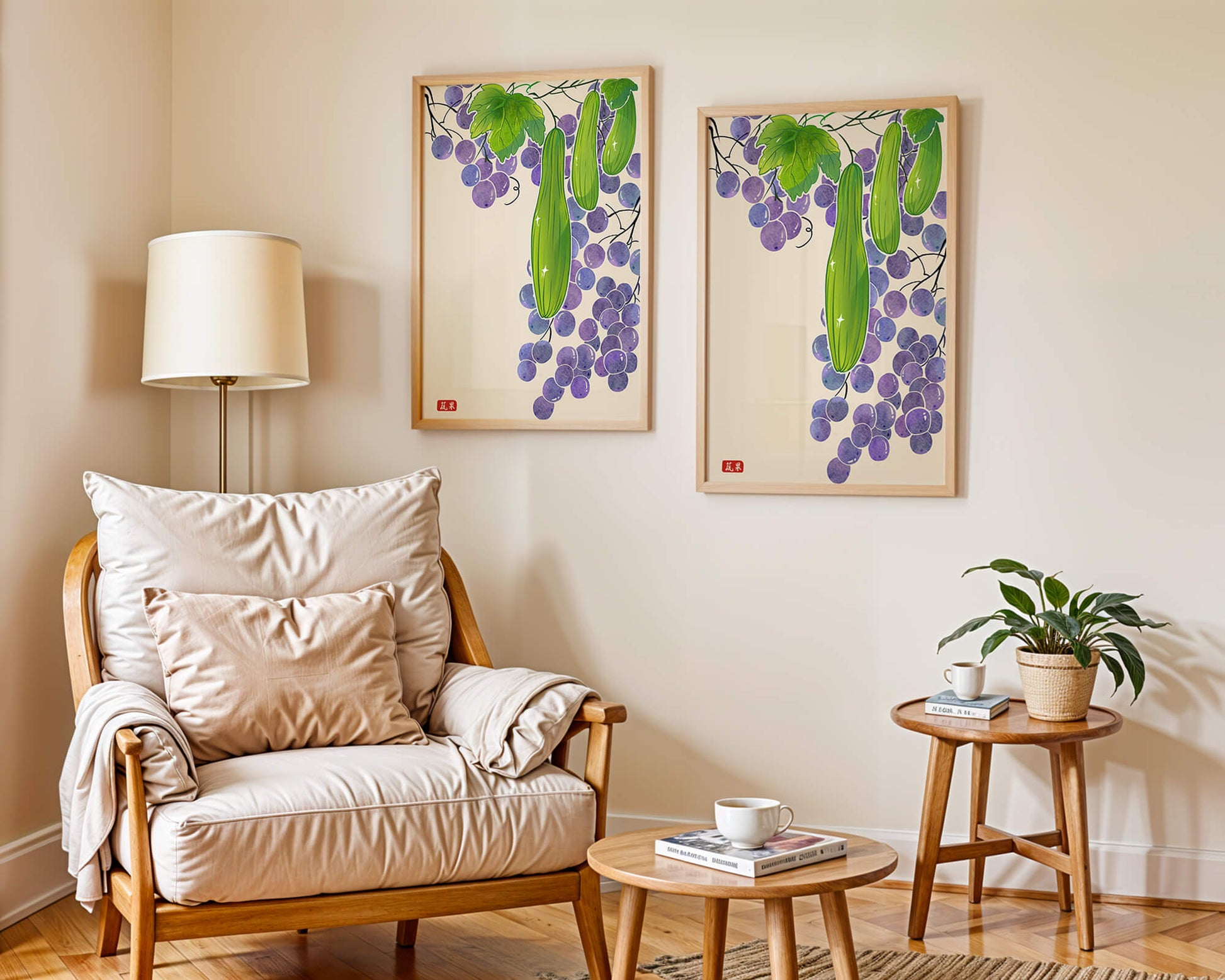 Ilustración de uvas y pepino con colores vibrantes y hojas
