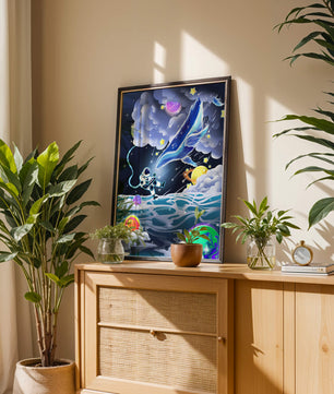 Astronaut Exploring a Surreal Cosmic Ocean with a Glowing Whale