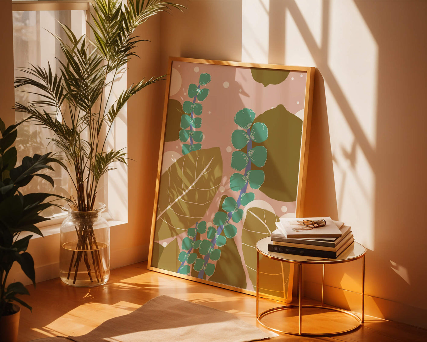 Abstract botanical design with green and golden leaves