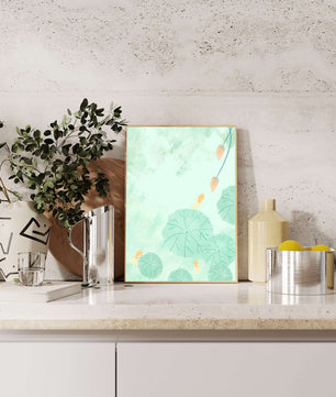 Serene Pond Scene with Goldfish and Lotus Leaves