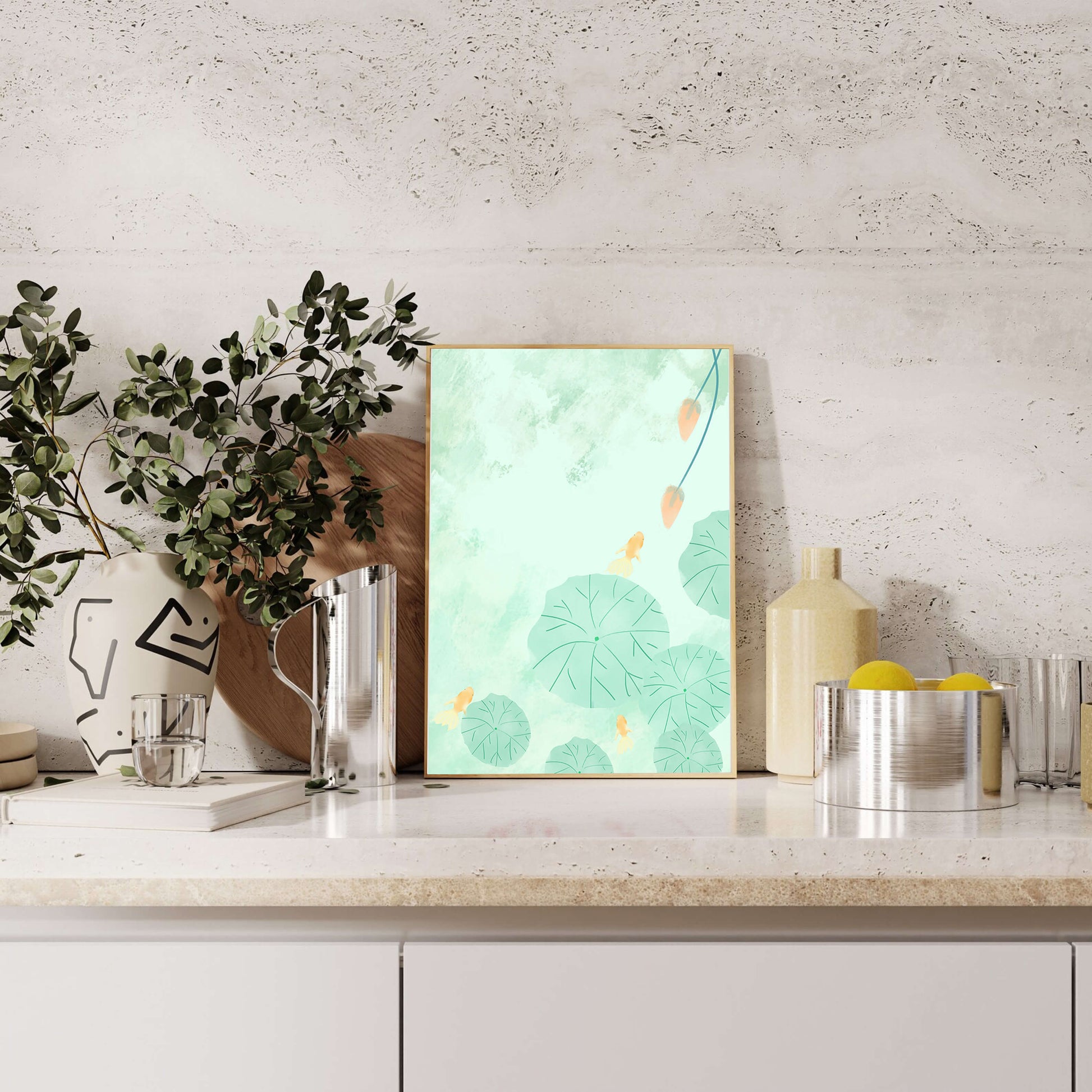 Serene Pond Scene with Goldfish and Lotus Leaves