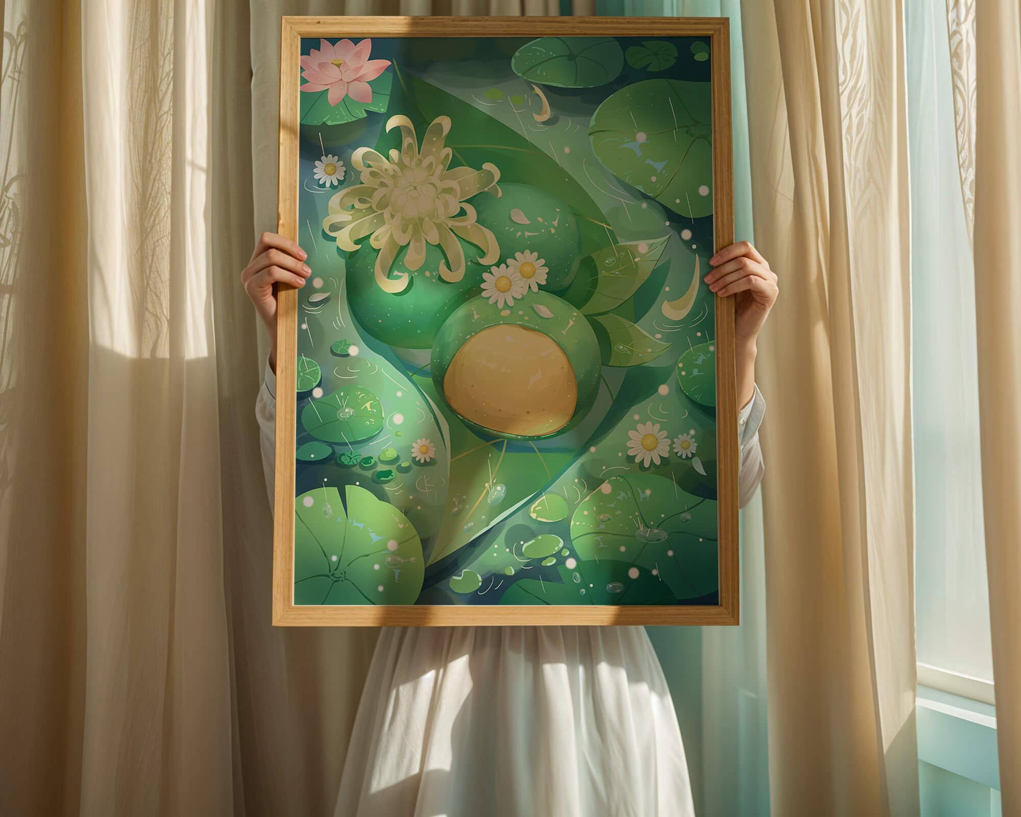 Lush aquatic scene with lotus flowers and green leaves