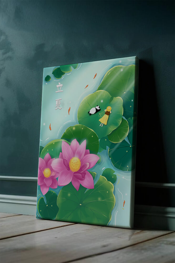 Girl and Panda Relaxing on Lily Pads with Pink Lotus and Goldfish