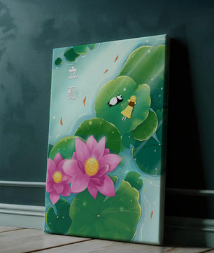 Girl and Panda Relaxing on Lily Pads with Pink Lotus and Goldfish