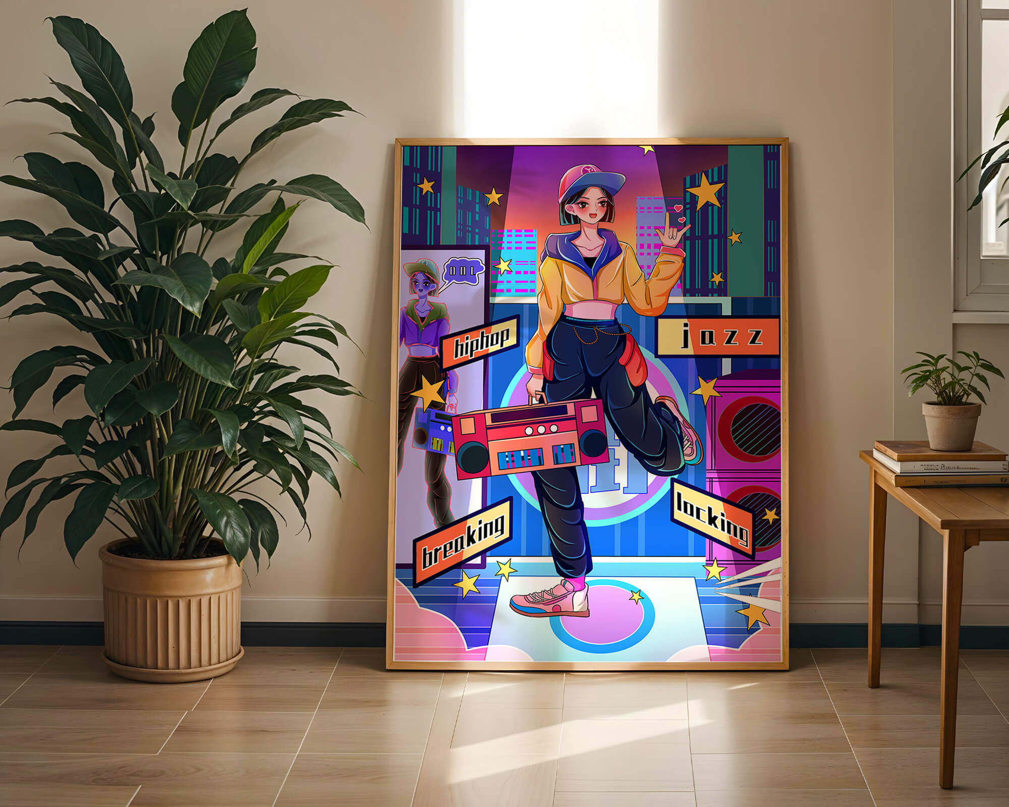 Colorful urban dance scene with hip hop and jazz elements