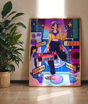 Escena urbana de baile colorida con elementos de hip hop y jazz