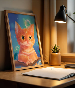 Adorable orange kitten illustration with bubbles and a colorful background