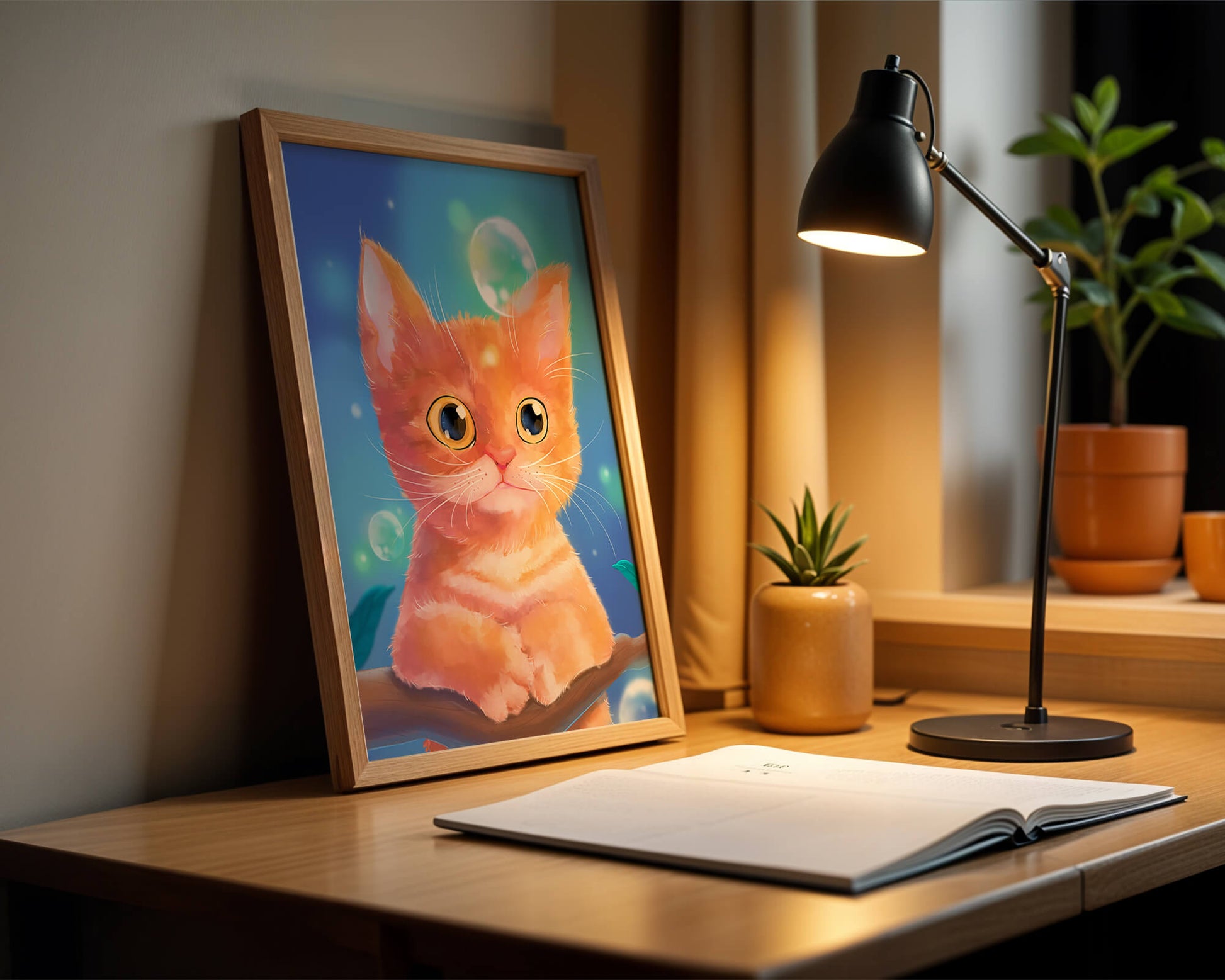 Adorable orange kitten illustration with bubbles and a colorful background