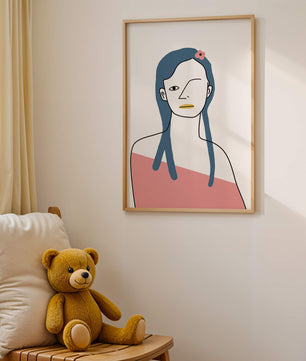 Abstract Portrait with Blue Hair and Floral Accent - Mi tienda