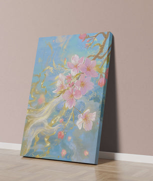 Beautiful Cherry Blossom Branch with Golden Highlights on a Soft Blue Background - Mi tienda