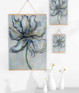 Elegant blue and green abstract floral artwork with flowing lines