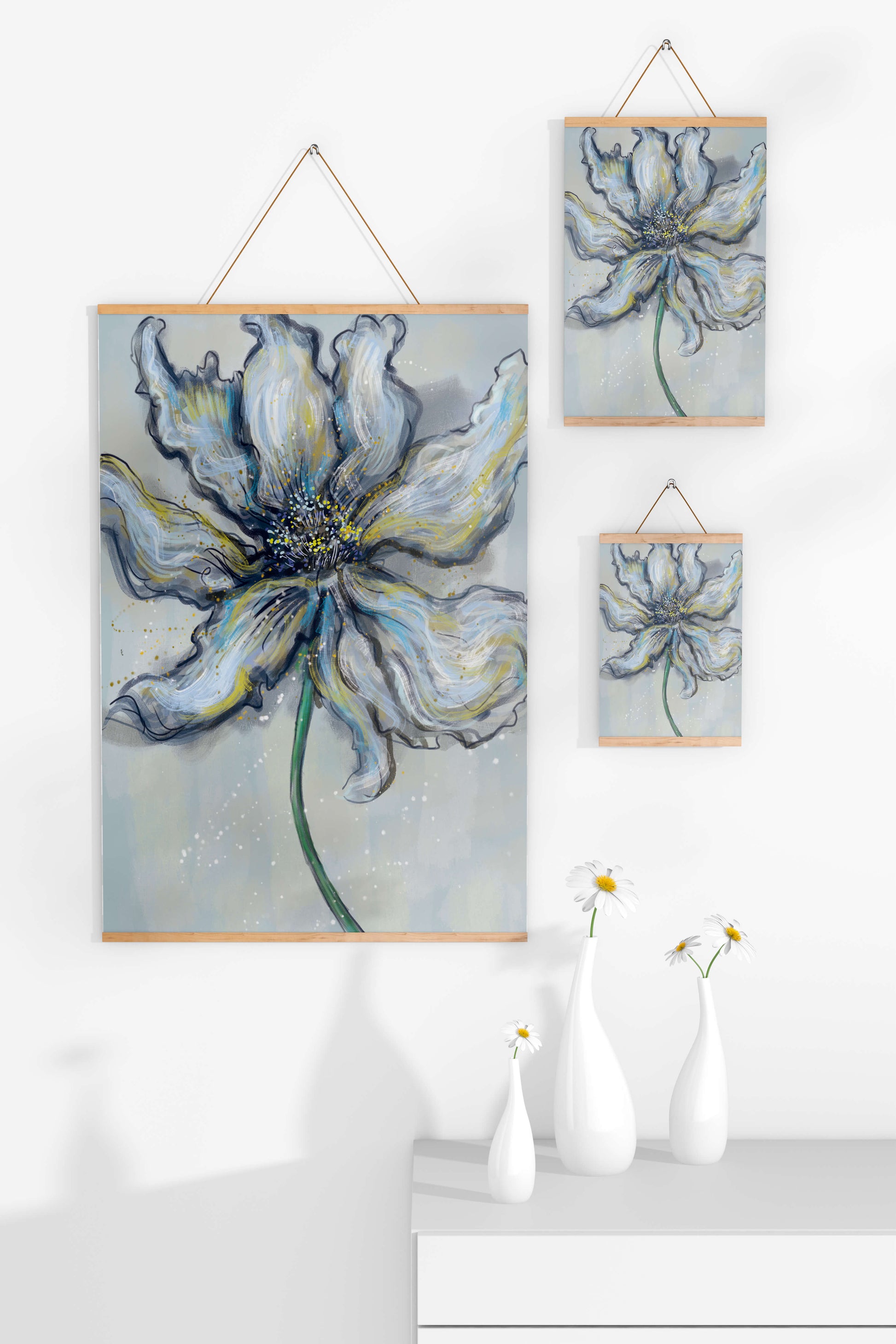 Elegant blue and green abstract floral artwork with flowing lines