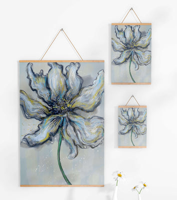 Elegant blue and green abstract floral artwork with flowing lines