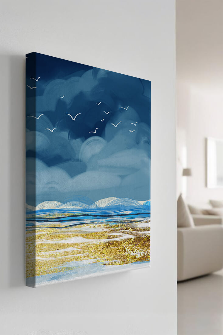 Seascape with Birds in a Vibrant Blue and Gold Palette