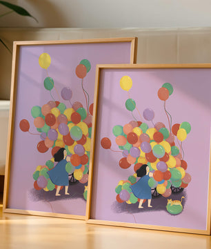 Bunte Luftballons mit einem Kind und einer Katze auf violettem Hintergrund