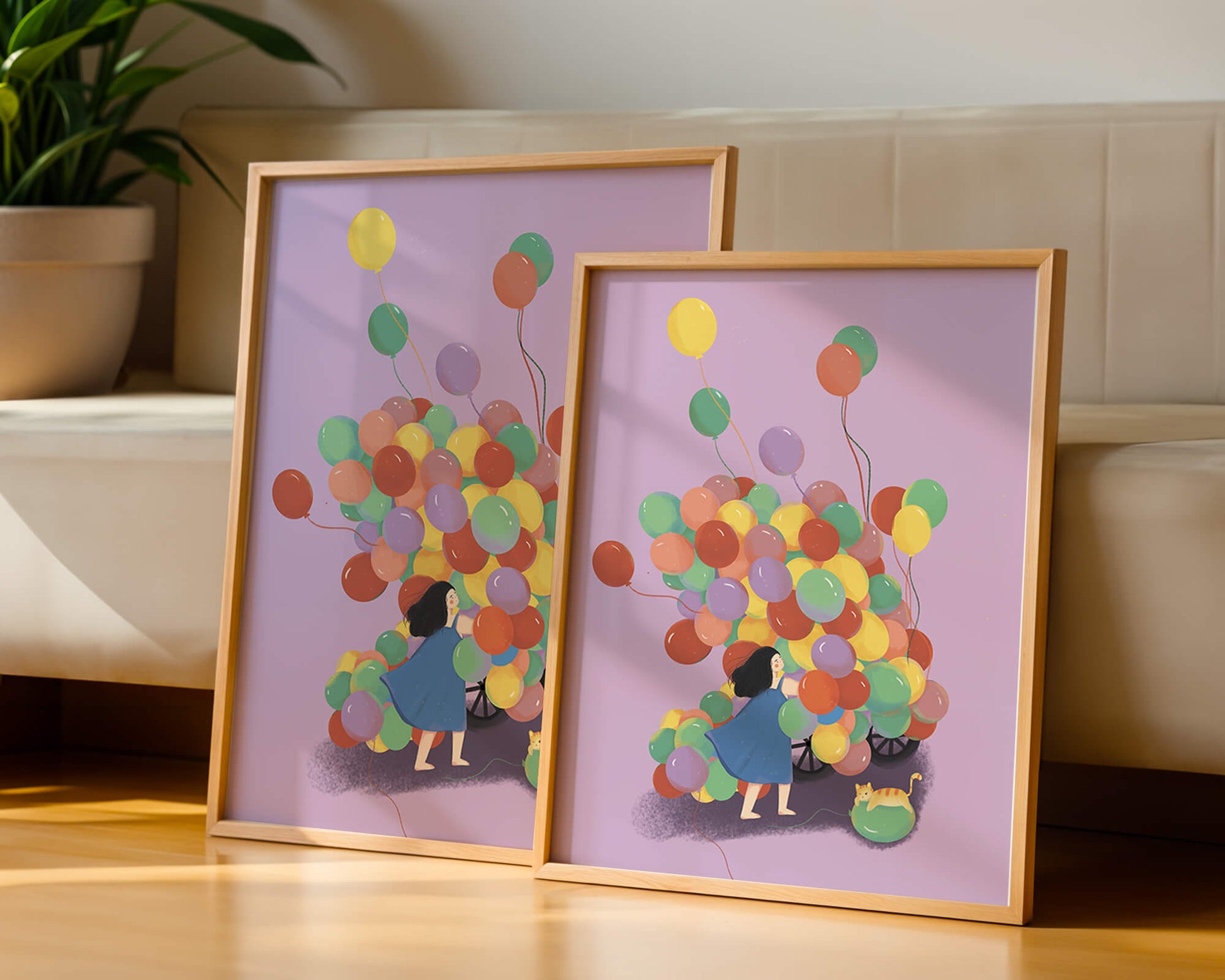 Bunte Luftballons mit einem Kind und einer Katze auf violettem Hintergrund