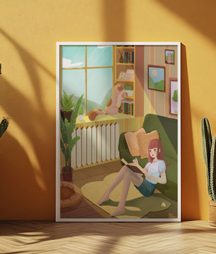 Cozy Living Room with a Reading Girl and Cat by the Window