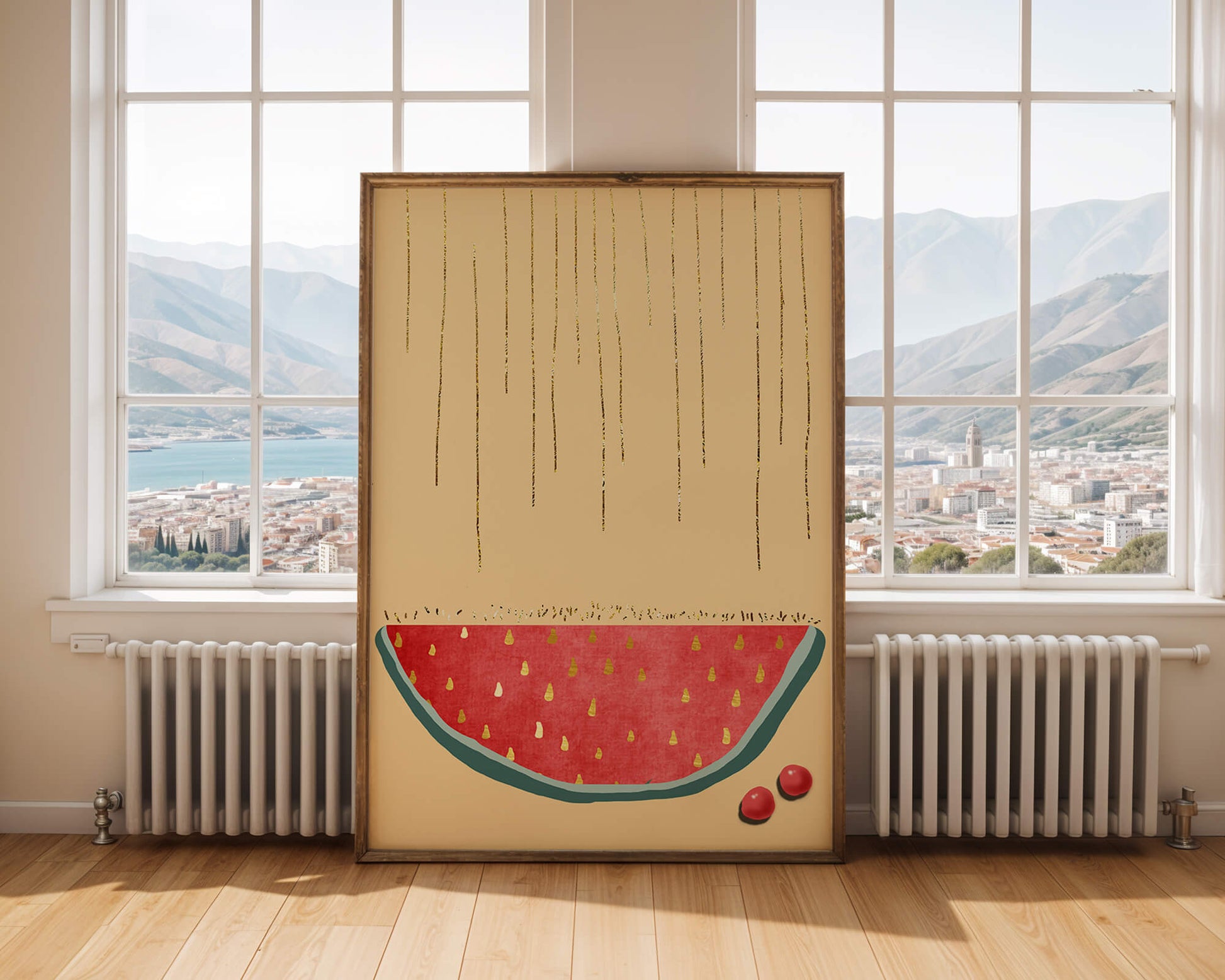 Abstract Watermelon Slice with Gold Accents on Minimalist Background