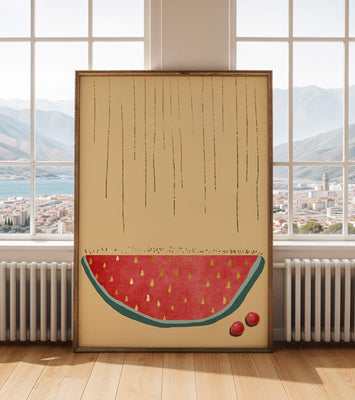 Abstract Watermelon Slice with Gold Accents on Minimalist Background