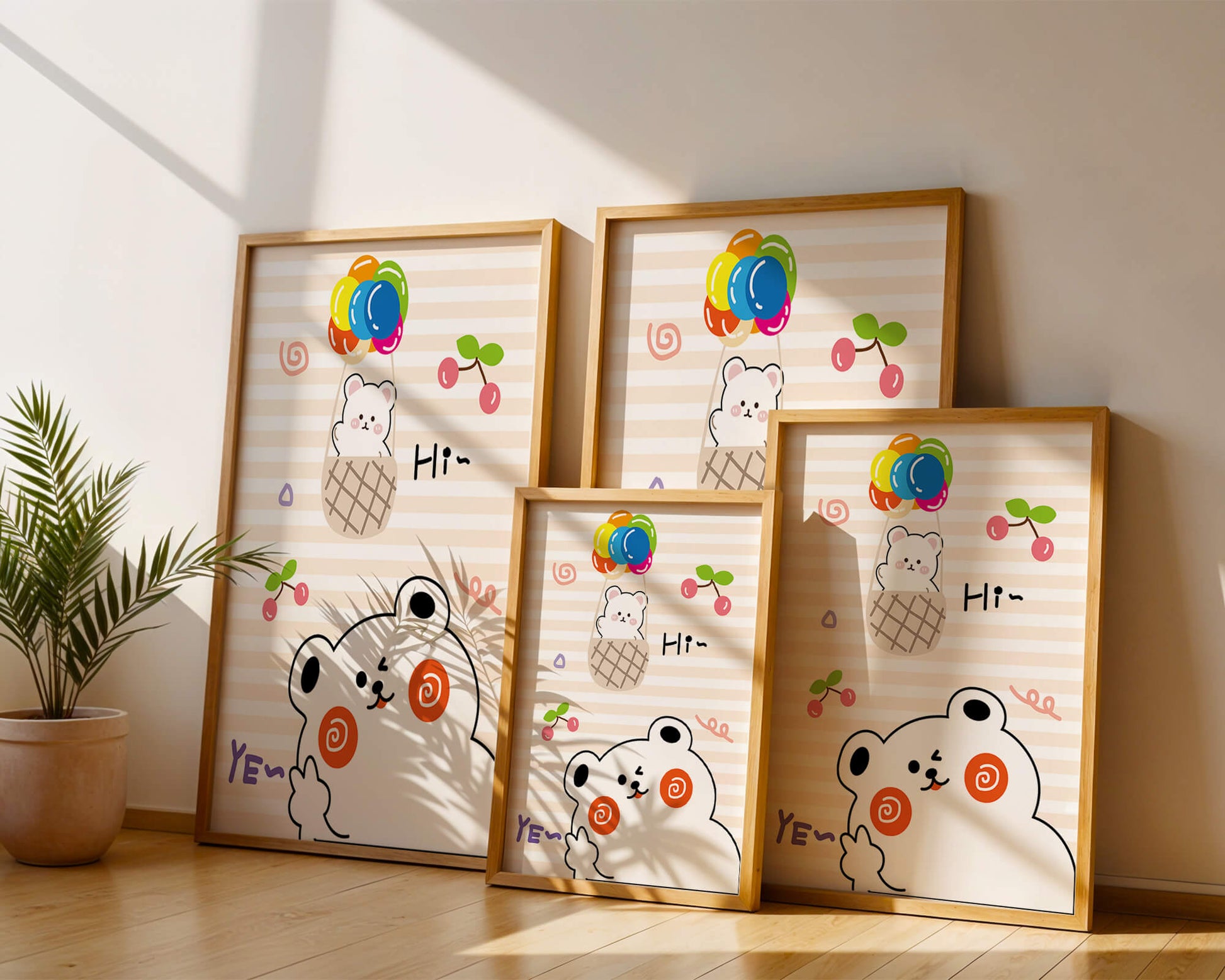 Adorable bears with colorful balloons and cherries on striped background