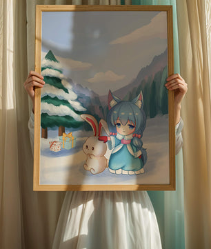 Winter scene with cute chibi character and bunny in snowy landscape