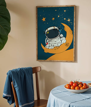 Charming Astronaut Sitting on a Crescent Moon with Stars in Space - Mi tienda