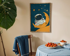 Charming Astronaut Sitting on a Crescent Moon with Stars in Space - Mi tienda