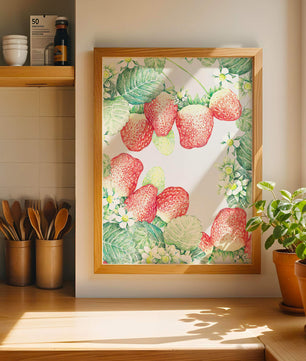 Ilustración de fresas y flores con hojas verdes exuberantes