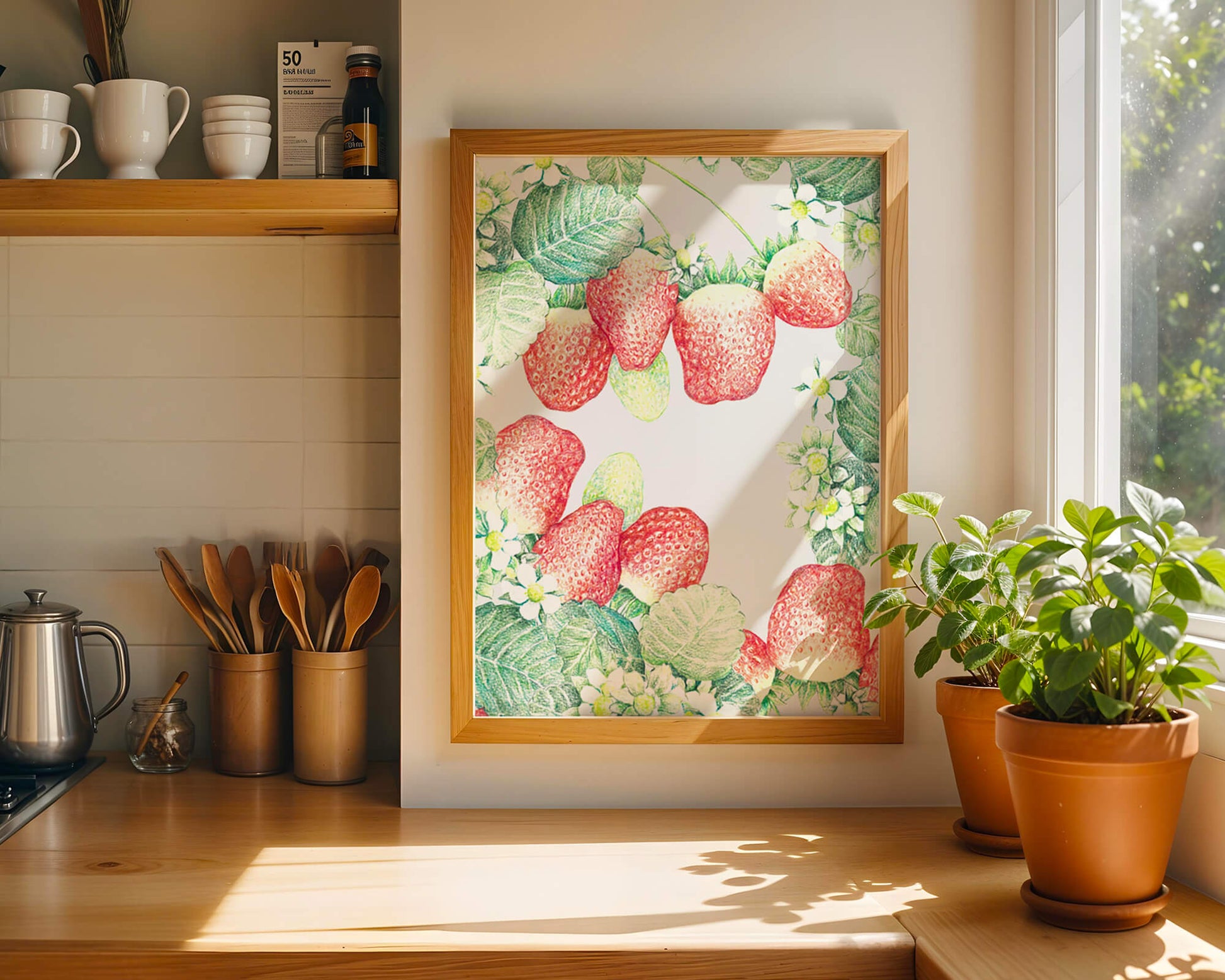 Illustration of strawberries and flowers with lush green leaves