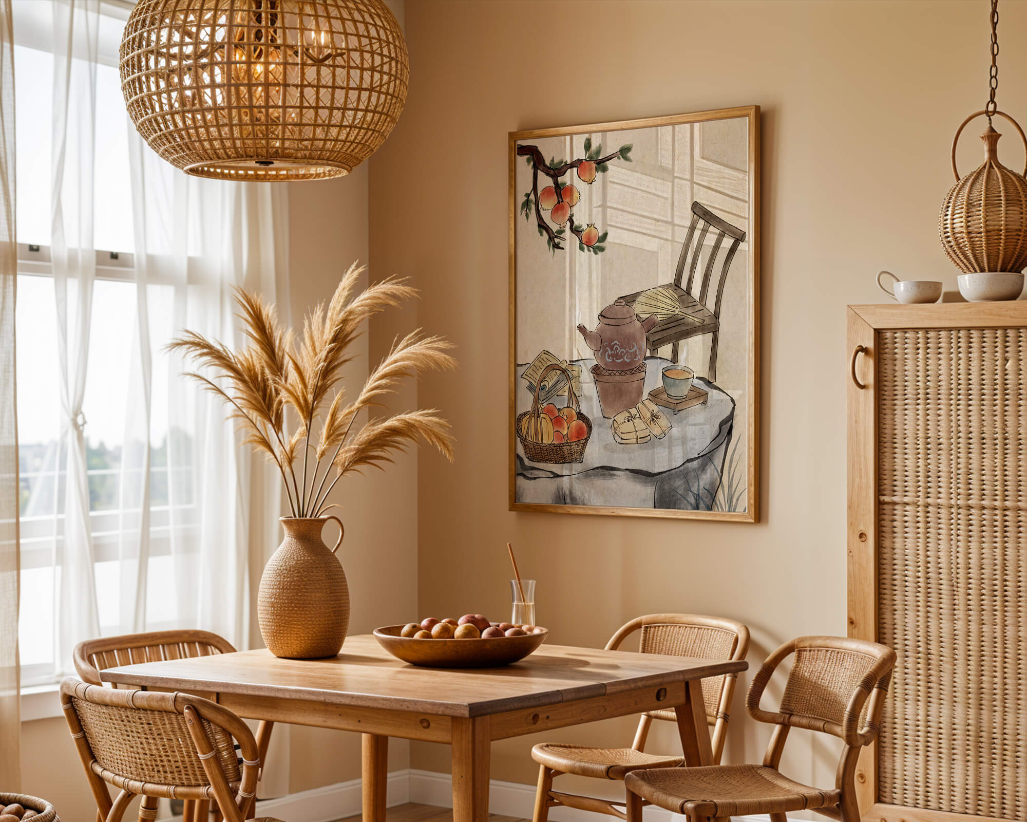 Watercolor painting of tea time setting with fruits and wooden chair