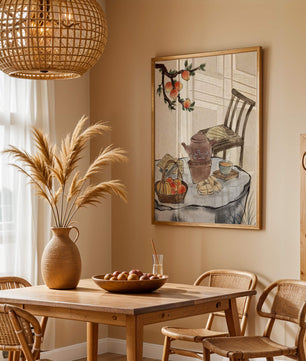 Peinture à l’aquarelle d’un moment de dégustation de thé avec des fruits et une chaise en bois