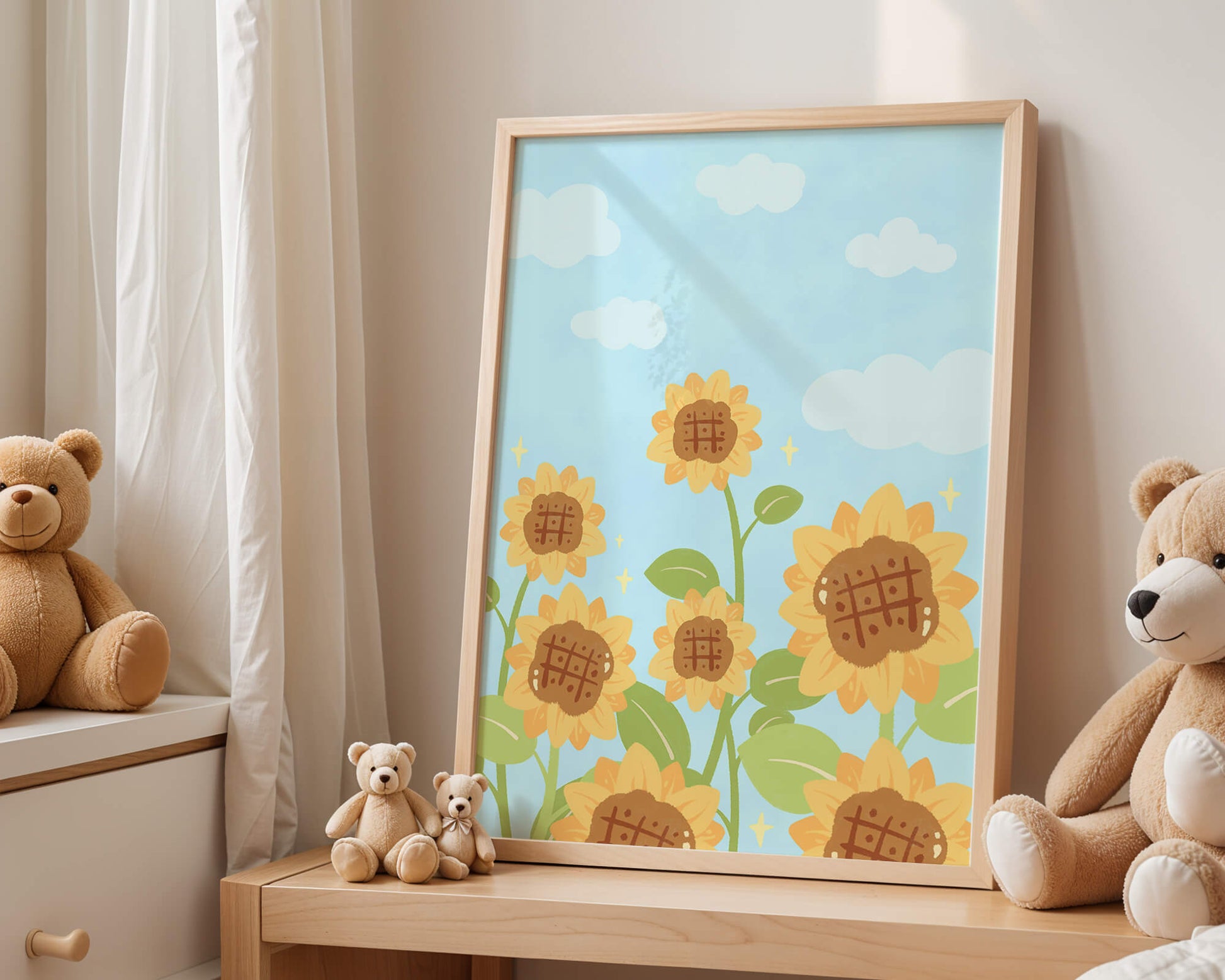 Sunflowers Under Blue Sky with Floating Clouds