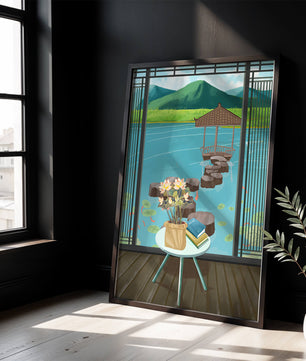Scenic view from a room overlooking a tranquil water garden with stepping stones and mountains