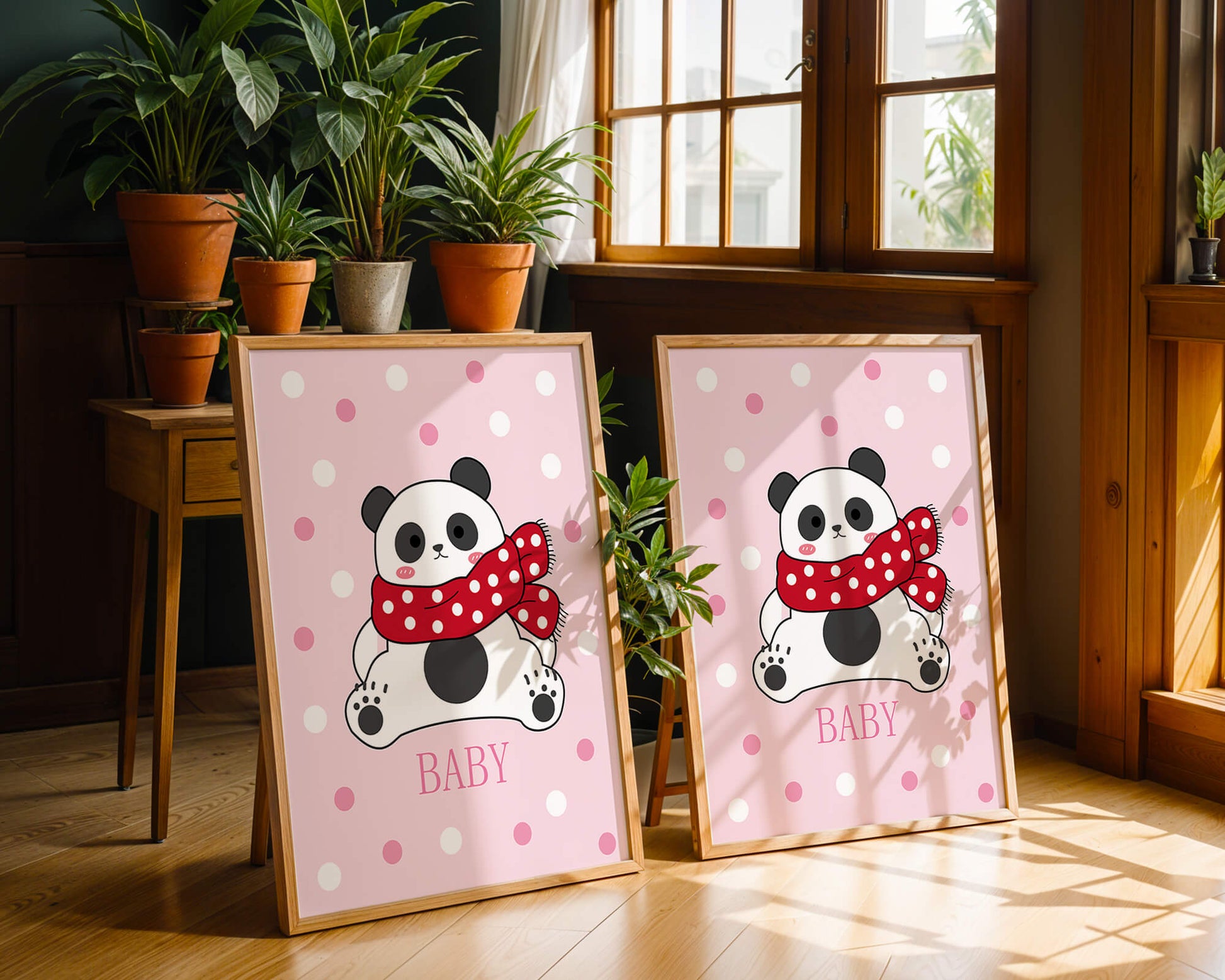 Cartoon panda with red scarf on pink polka dot background