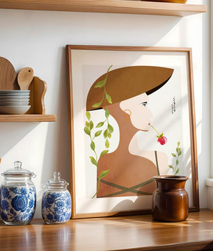 Elegant Abstract Portrait of a Woman with Floral Elements and a Large Hat - Mi tienda